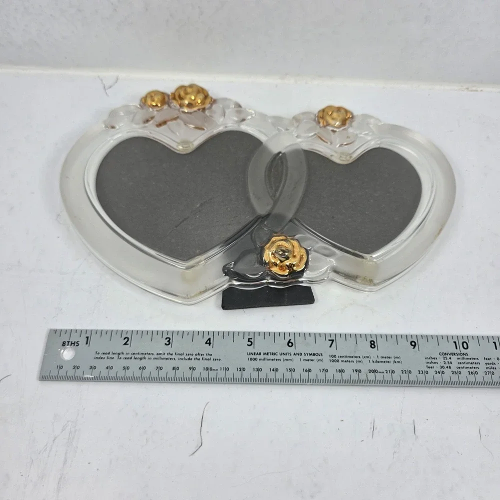 Vtg Mikasa Rosemont Double Heart Picture Frame Glass Crystal Gold Roses 7